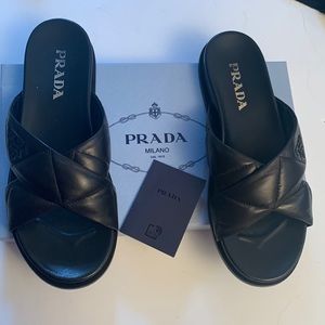Prada Black Leather Monogram Sandals Size 8 Excellent Condition